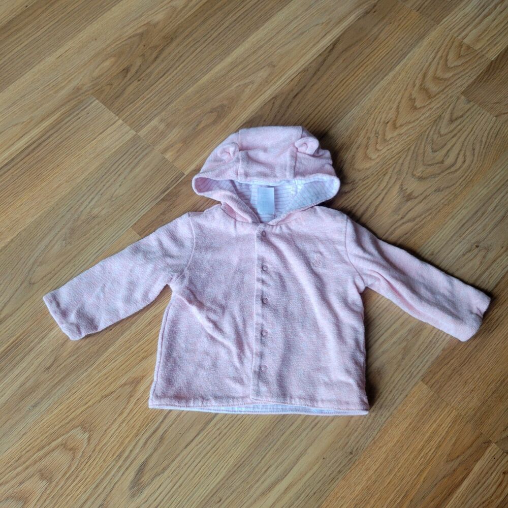 babyGap Reversible Bear Ear Hooded Jacket Sweater Pink Heather / Stripe 3-6M